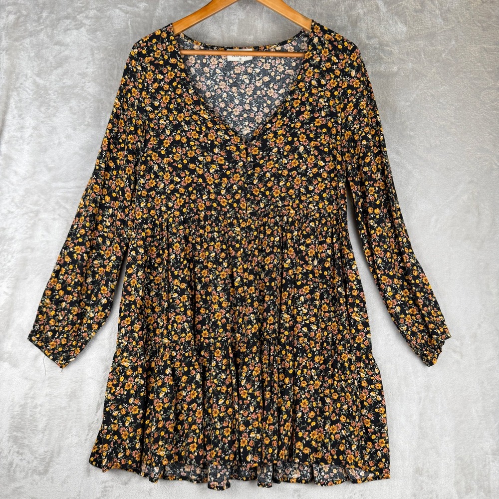 Aura‎ Womens Black Ditsy Floral Tiered Babydoll Mini Dress Long Sleeve V-Neck S